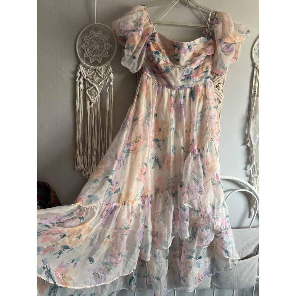 Abercrombie & Fitch Floral Puff Sleeve High-Low Ruffle Dress Emerson Medium - Picture 2 of 13